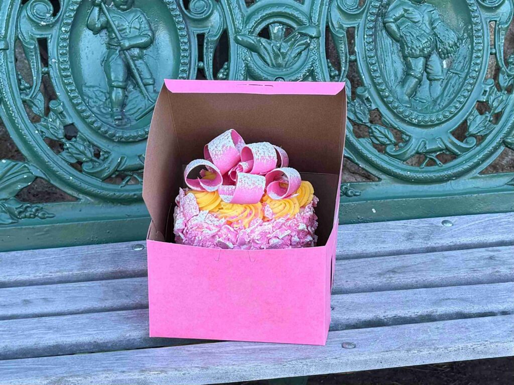 Pink Champagne Cake at Madonna Inn—too tall to fit in the box! (©Melanie Lee)