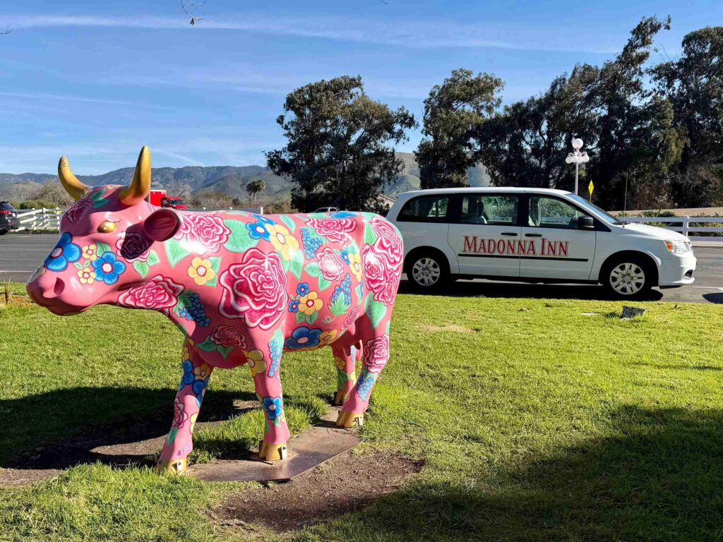 Cow Parade cow at Madonna Inn decked out in the carpet pattern (©Melanie Lee)